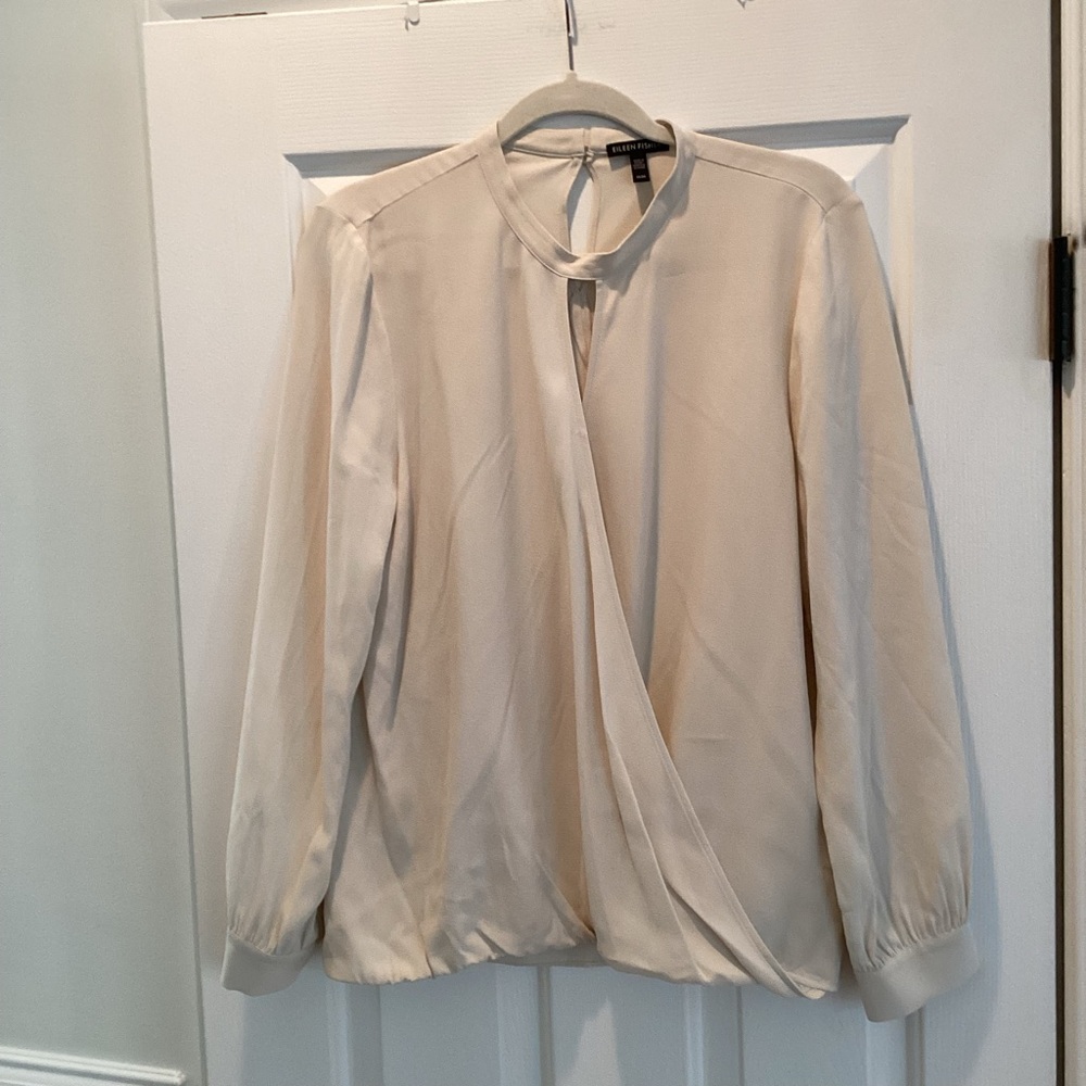 Eileen Fisher 100% Silk Georgette Drape Front Blouse | Cream | Size M